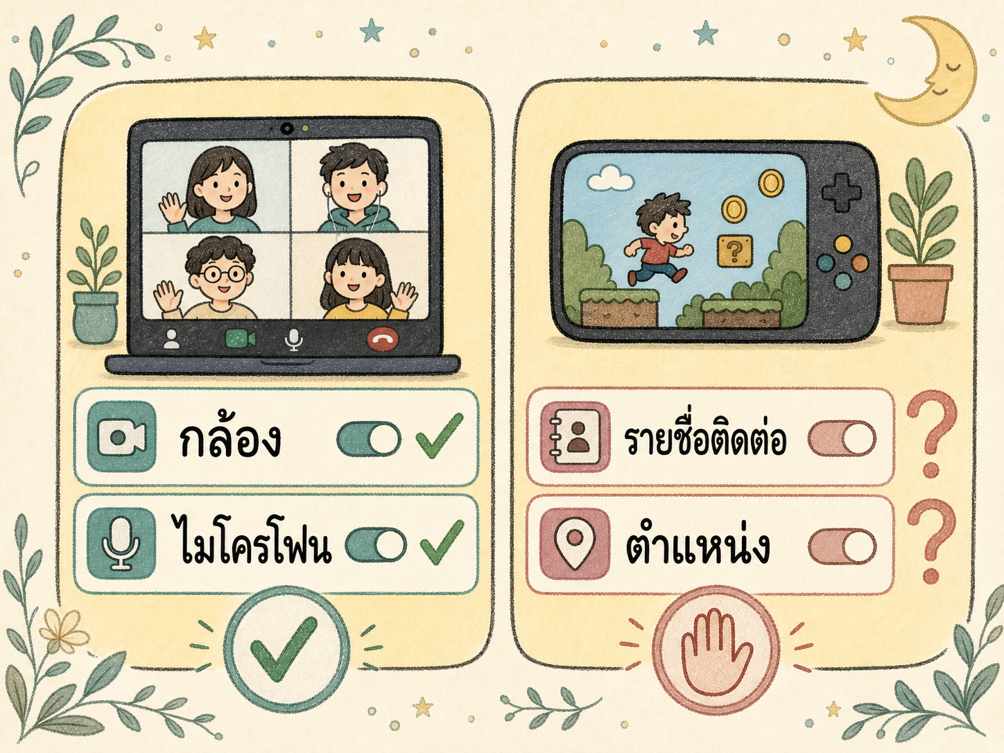 แผนภาพสิทธิ์แอป เปรียบเทียบแอปประชุมที่ใช้กล้องและไมโครโฟนอย่างสมเหตุสมผล กับแอปที่ขอสิทธิ์เกินความจำเป็น