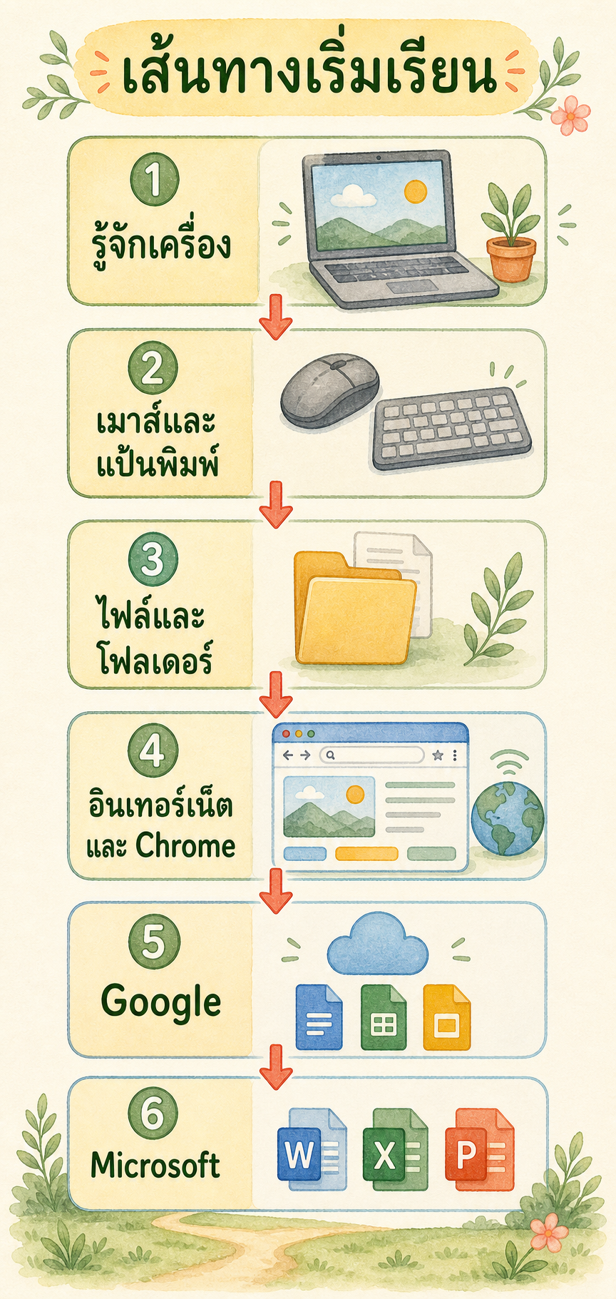 แผนภาพเส้นทางเริ่มเรียนคอมพิวเตอร์ ตั้งแต่รู้จักเครื่อง เมาส์และแป้นพิมพ์ ไฟล์ อินเทอร์เน็ต Google และ Microsoft
