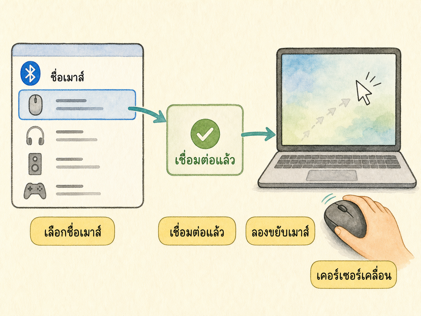 ภาพเลือกชื่อเมาส์จากรายการ Bluetooth แล้วทดสอบเคอร์เซอร์บนหน้าจอ