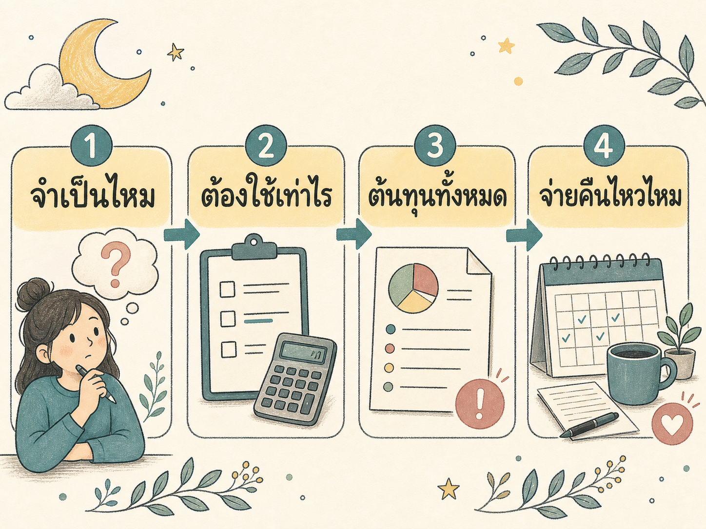 แผนภาพตรวจสอบก่อนกู้เงิน เริ่มจากความจำเป็น จำนวนเงินที่ต้องใช้ ต้นทุนทั้งหมด และแผนจ่ายคืน