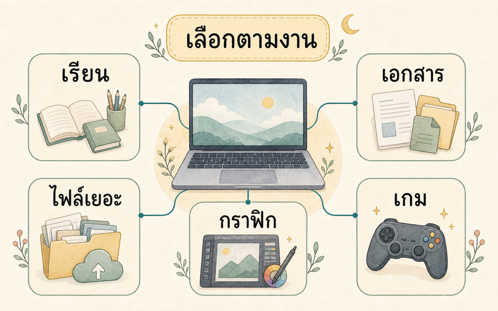 แผนภาพเลือกโน้ตบุ๊กตามงานที่ใช้ เช่น เรียน เอกสาร ไฟล์เยอะ กราฟิก และเกม