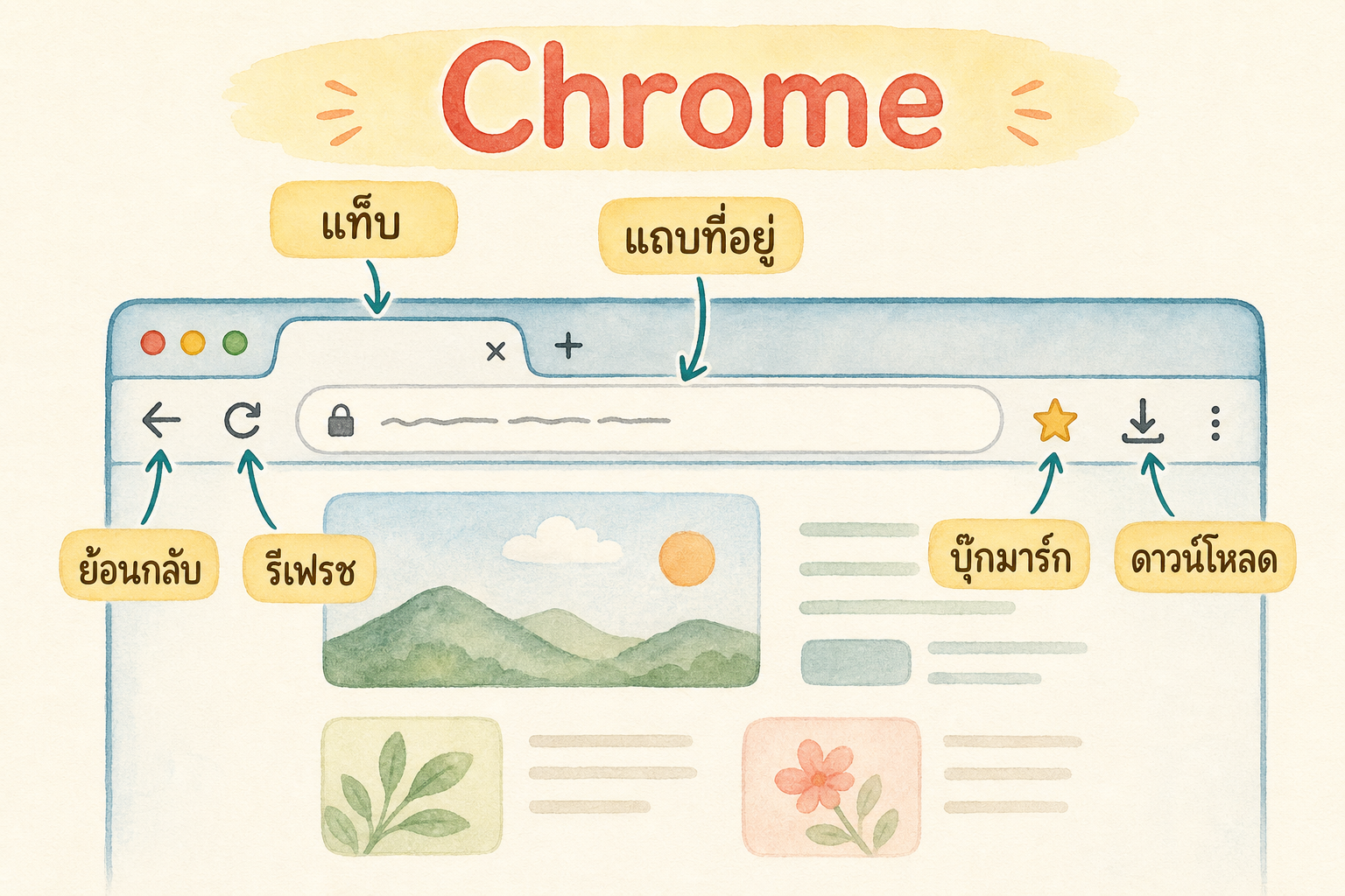 แผนภาพปุ่มพื้นฐานใน Chrome เช่น แถบที่อยู่ แท็บ ย้อนกลับ รีเฟรช บุ๊กมาร์ก และดาวน์โหลด