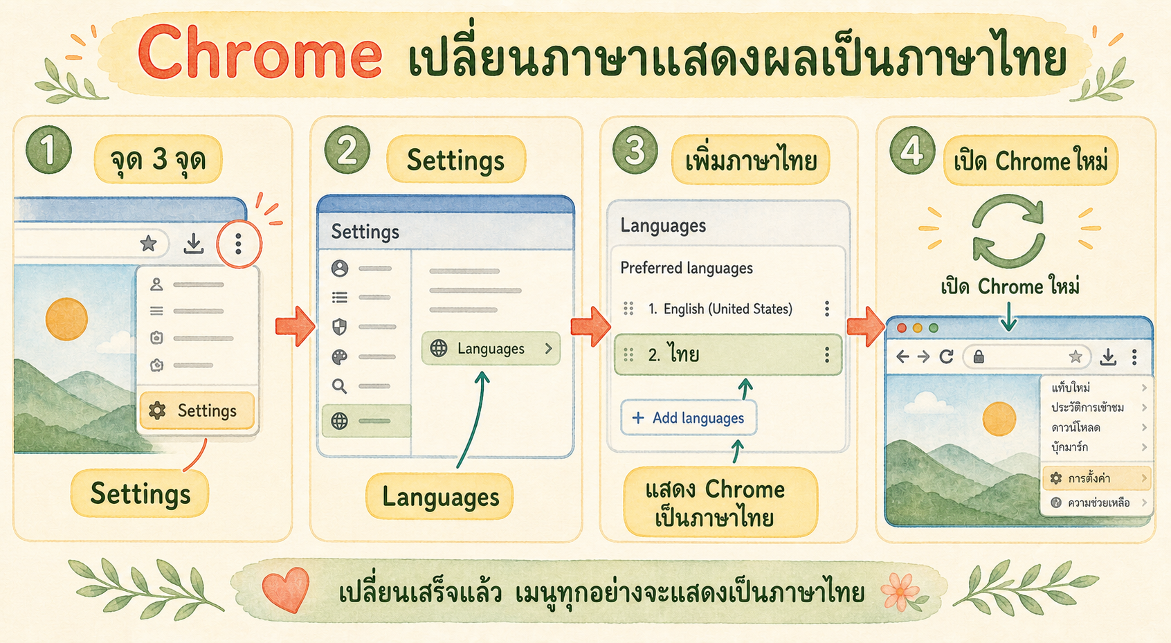แผนภาพขั้นตอนเปลี่ยนภาษาแสดงผลใน Chrome เป็นภาษาไทยผ่านเมนูจุด 3 จุด Settings และ Languages