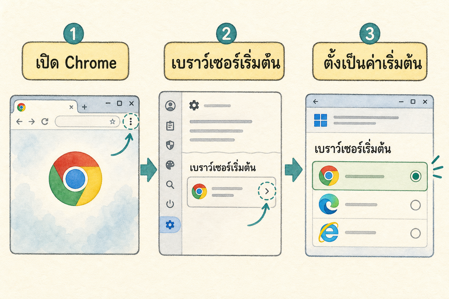 ภาพขั้นตอนตั้ง Google Chrome เป็นเบราว์เซอร์เริ่มต้น