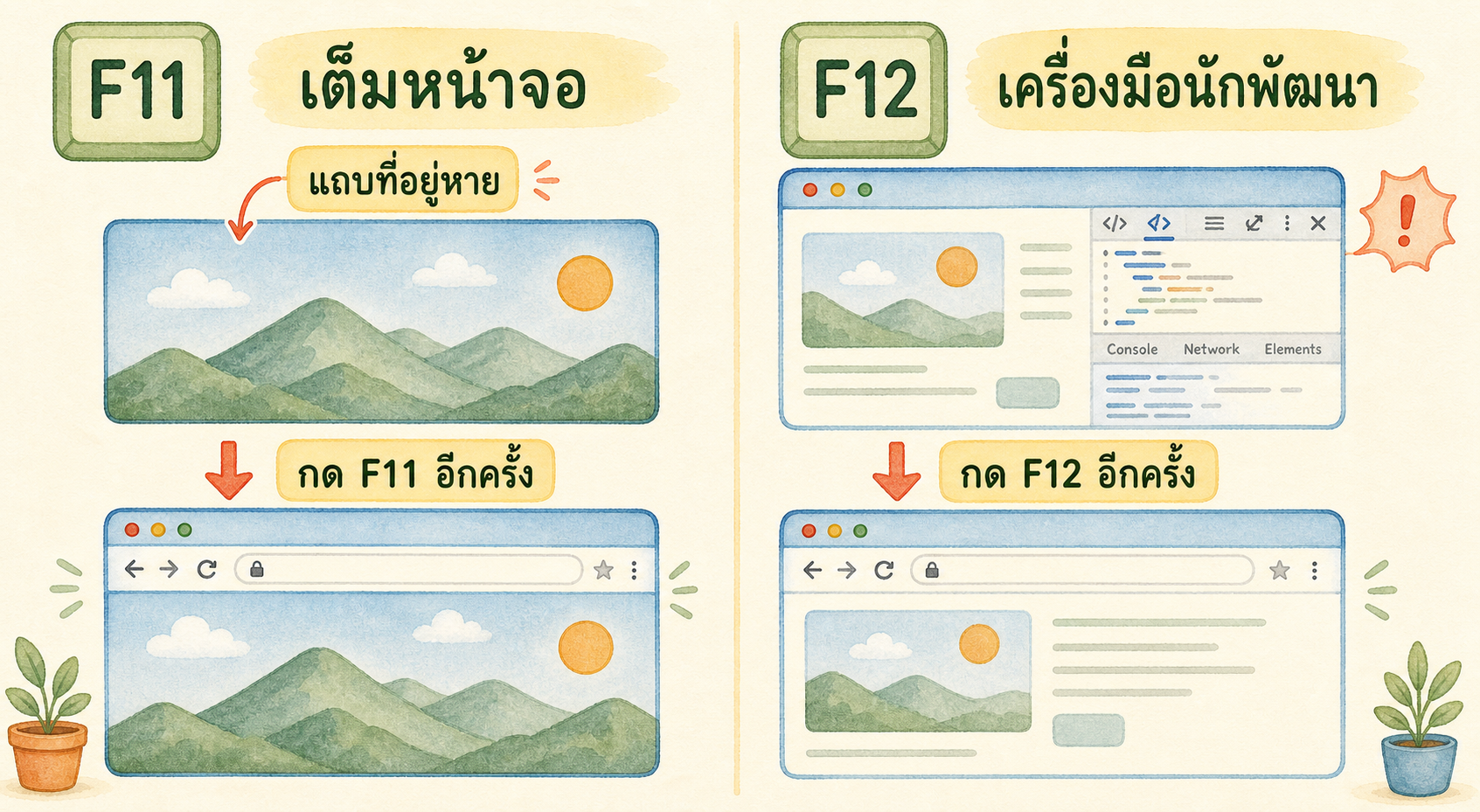 แผนภาพแก้ปัญหา Chrome เมื่อกด F11 แล้วเต็มหน้าจอ หรือกด F12 แล้วเครื่องมือนักพัฒนาขึ้นมา