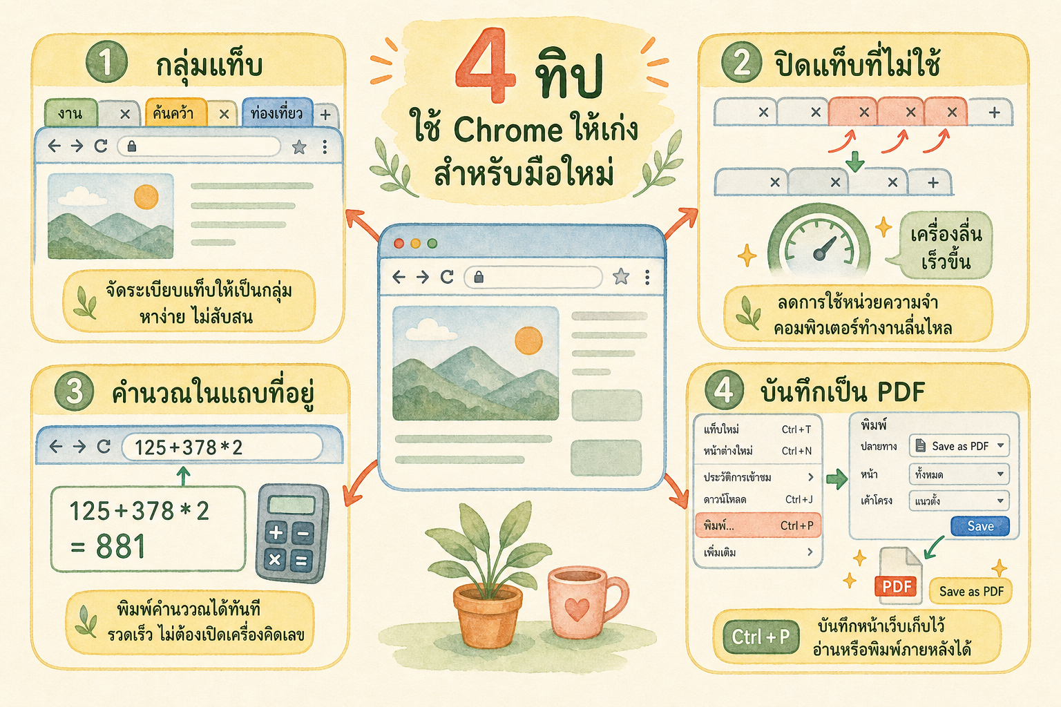 แผนภาพทิป Chrome สำหรับมือใหม่ เช่น กลุ่มแท็บ ปิดแท็บที่ไม่ใช้ คำนวณในแถบที่อยู่ และบันทึกเป็น PDF