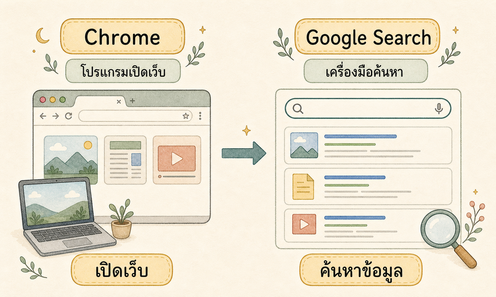 แผนภาพเปรียบเทียบ Chrome เป็นโปรแกรมเปิดเว็บ และ Google Search เป็นเครื่องมือค้นหาข้อมูล