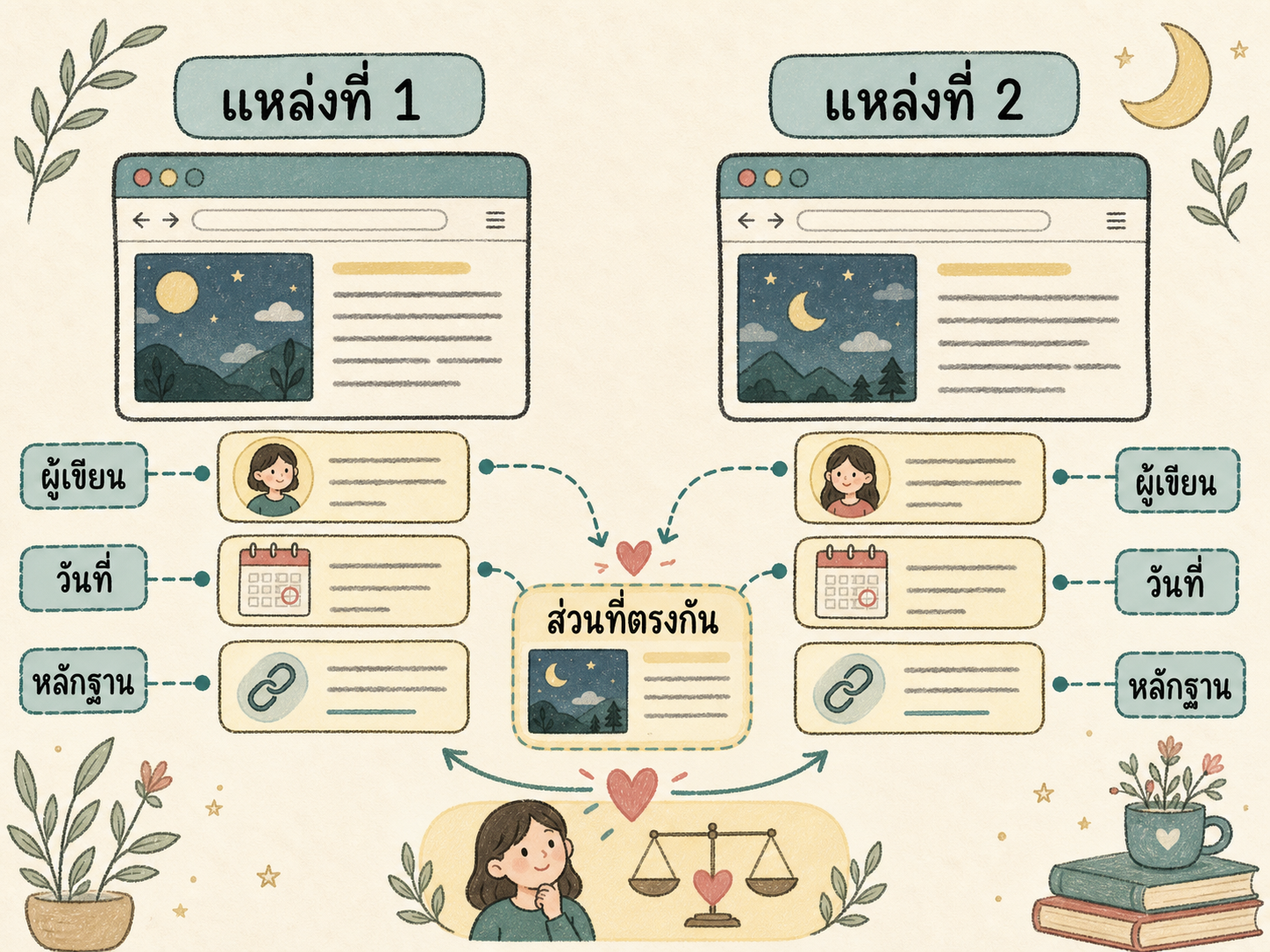 แผนภาพเปรียบเทียบข้อมูลเรื่องเดียวกันจากสองแหล่ง โดยดูวันที่ ผู้เขียน หลักฐาน และส่วนที่ตรงกัน