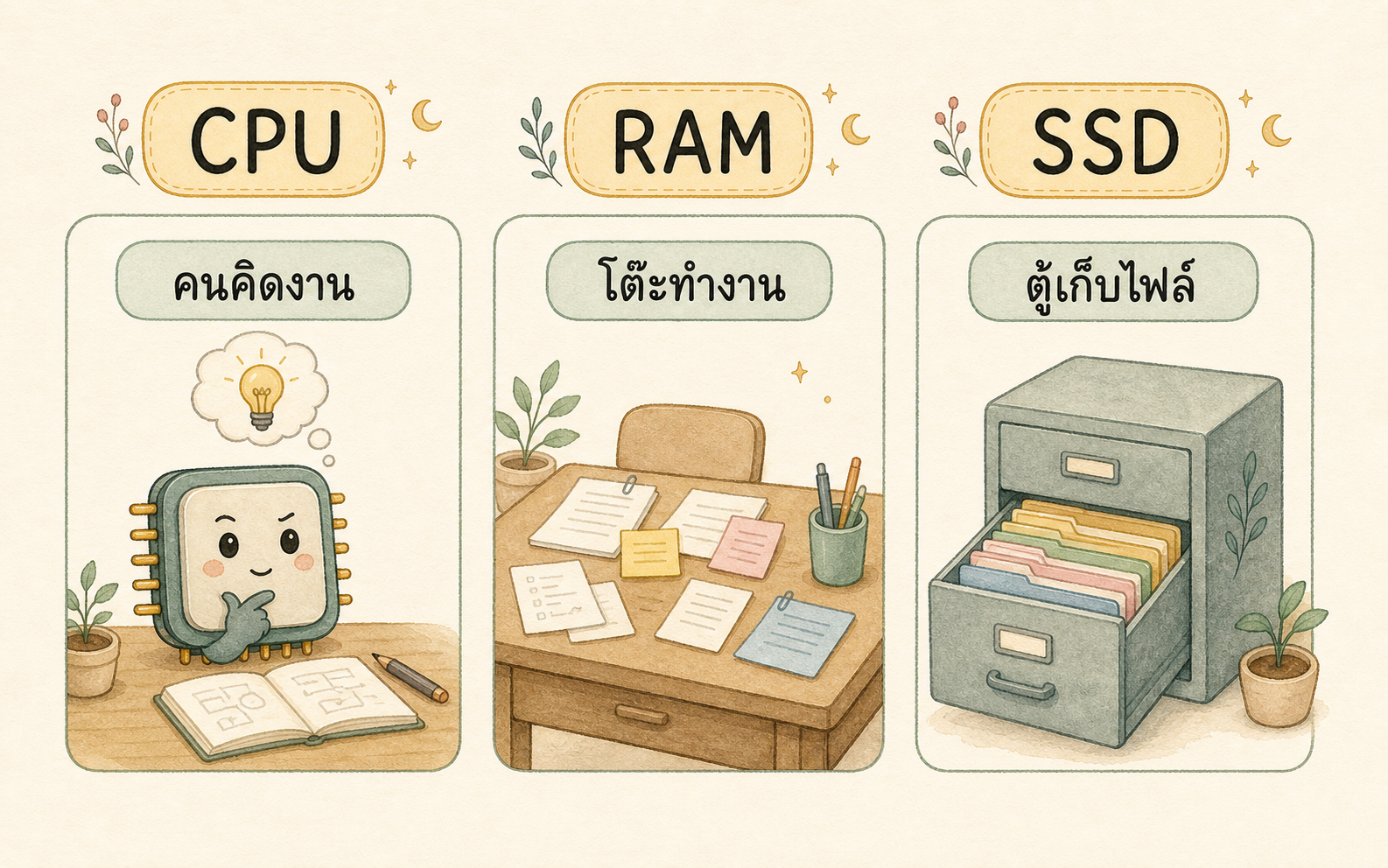 แผนภาพเปรียบเทียบ CPU RAM และ SSD สำหรับมือใหม่