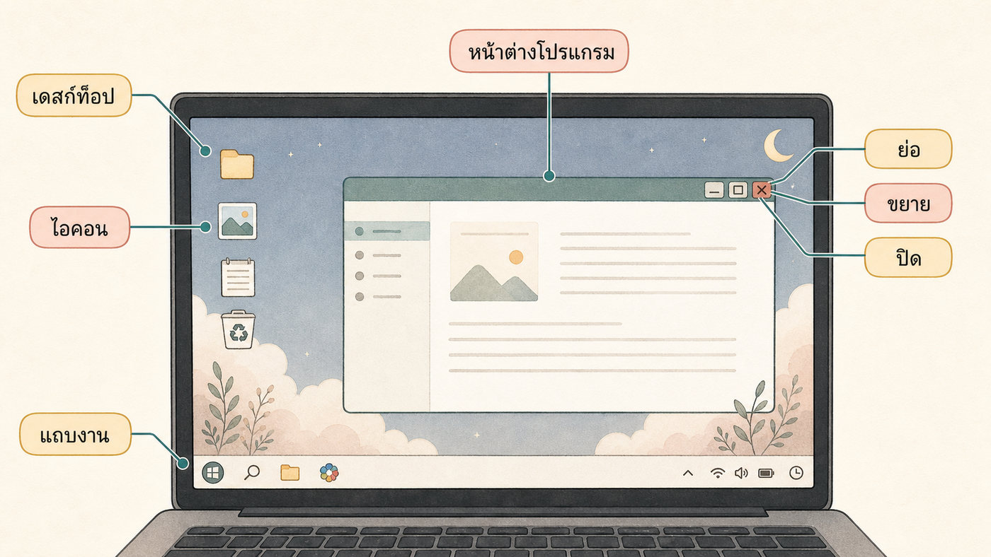 ภาพจำลองหน้าจอเดสก์ท็อปพร้อมป้ายอธิบายไอคอน แถบงาน และหน้าต่างโปรแกรม
