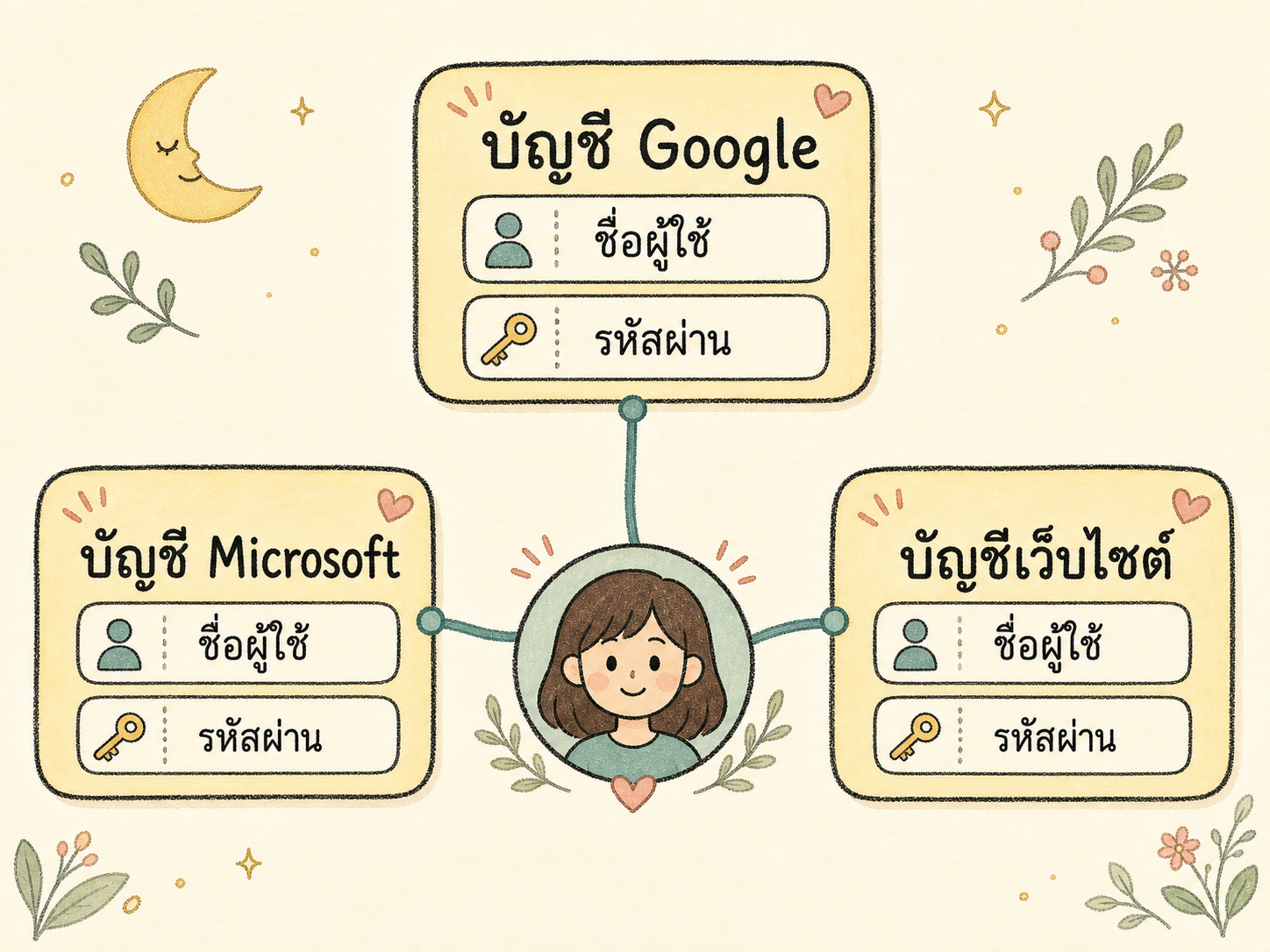 แผนภาพบัญชี Google บัญชี Microsoft และบัญชีเว็บไซต์ โดยมีชื่อผู้ใช้และรหัสผ่านเป็นข้อมูลสำหรับลงชื่อเข้าใช้