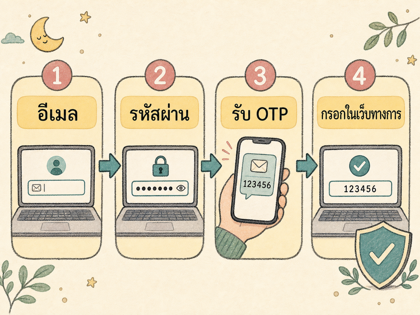 แผนภาพการลงชื่อเข้าใช้แบบสองขั้นตอน เริ่มจากอีเมลและรหัสผ่าน แล้วรับ OTP และกรอกในหน้าเว็บไซต์ทางการ