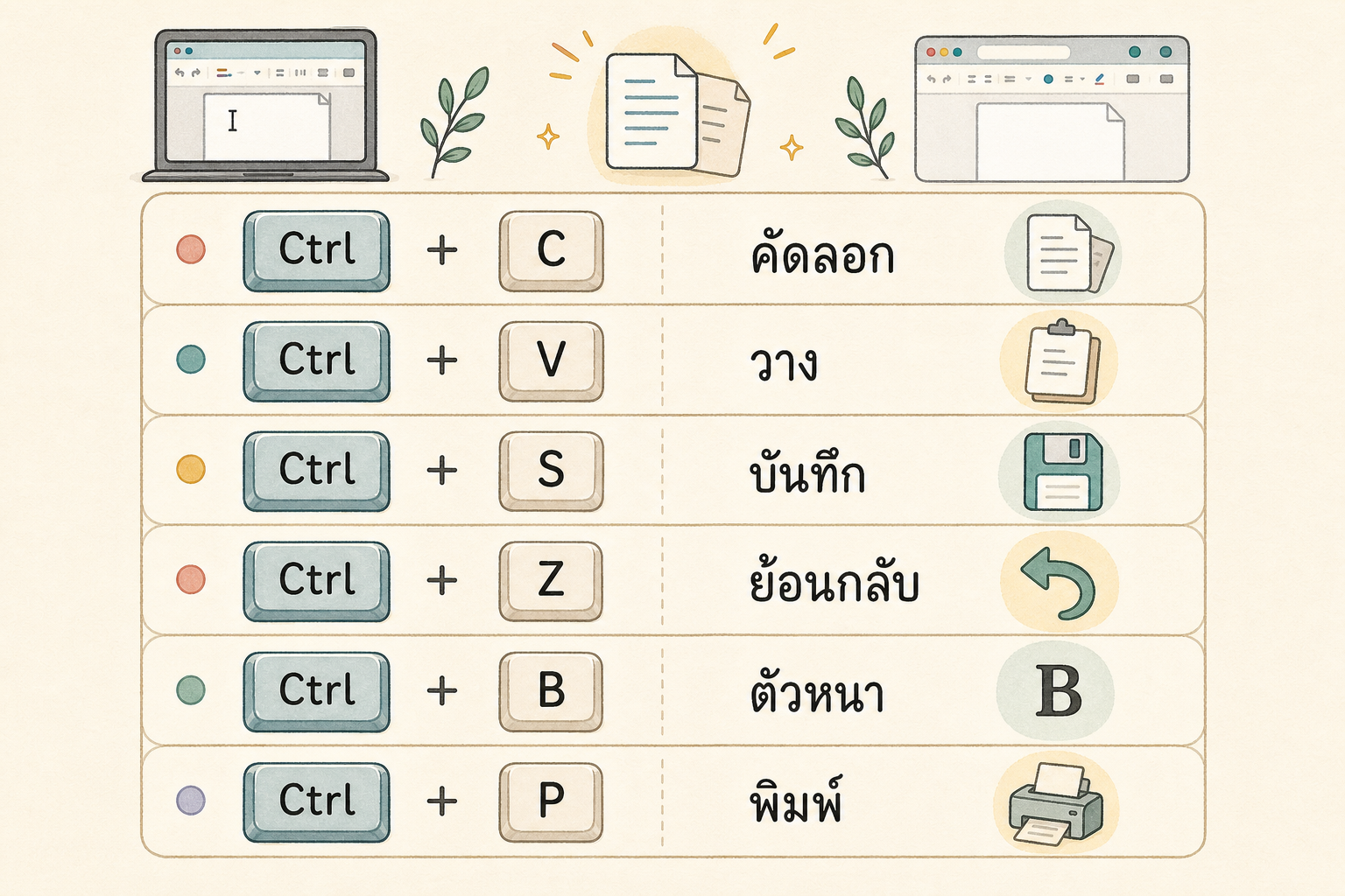 ตารางคีย์ลัดที่ใช้ได้ทั้ง Google Docs และ Word เช่น Ctrl C, Ctrl V, Ctrl S, Ctrl Z, Ctrl B และ Ctrl P