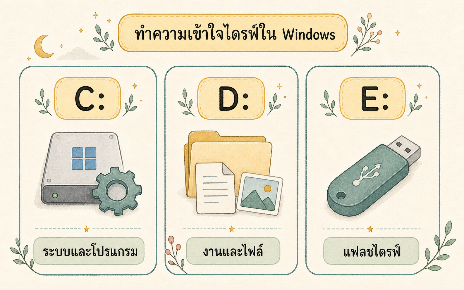 แผนภาพไดรฟ์ C D และ E สำหรับเก็บระบบ งาน และอุปกรณ์ต่อเพิ่ม