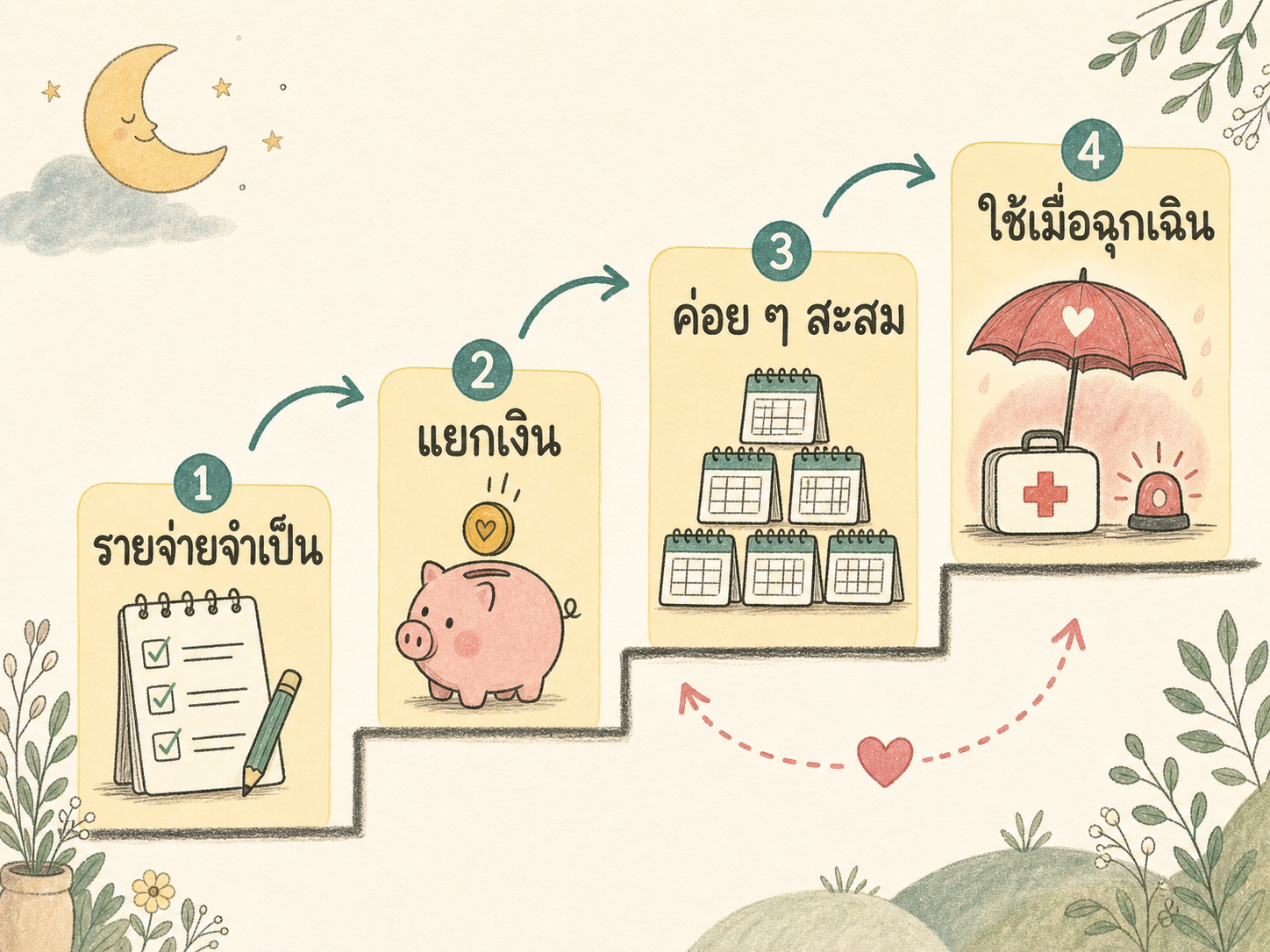 แผนภาพสร้างเงินสำรองฉุกเฉินเป็นขั้น เริ่มจากจดรายจ่ายจำเป็น แยกเงินก้อนเล็ก และค่อยเพิ่มจนเป็นเป้าหมายหลายเดือน