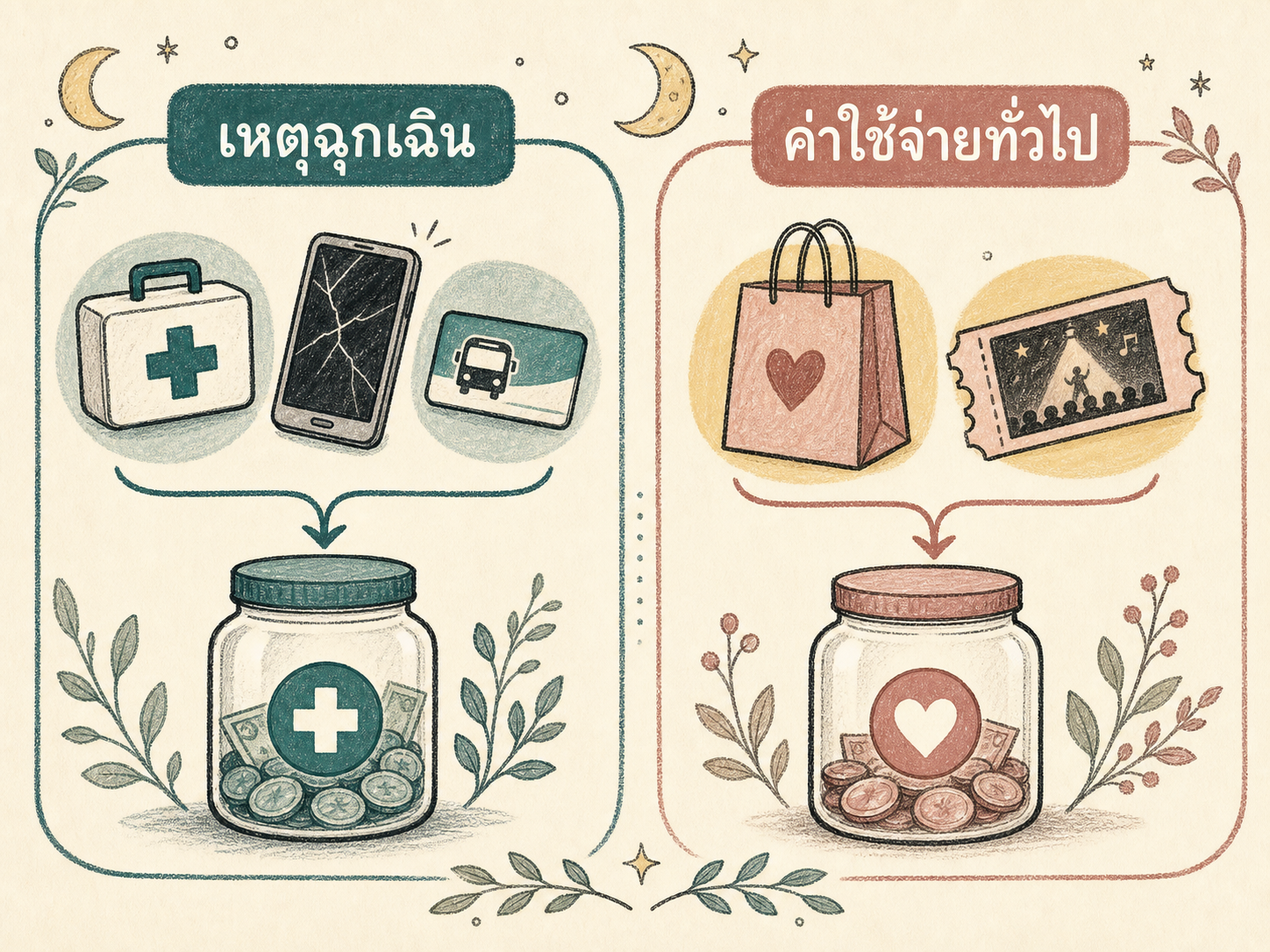 แผนภาพเปรียบเทียบเหตุฉุกเฉิน เช่น เจ็บป่วย โทรศัพท์เสีย หรือค่าเดินทางจำเป็น กับค่าใช้จ่ายทั่วไปที่ควรวางแผนจากเงินอีกส่วน