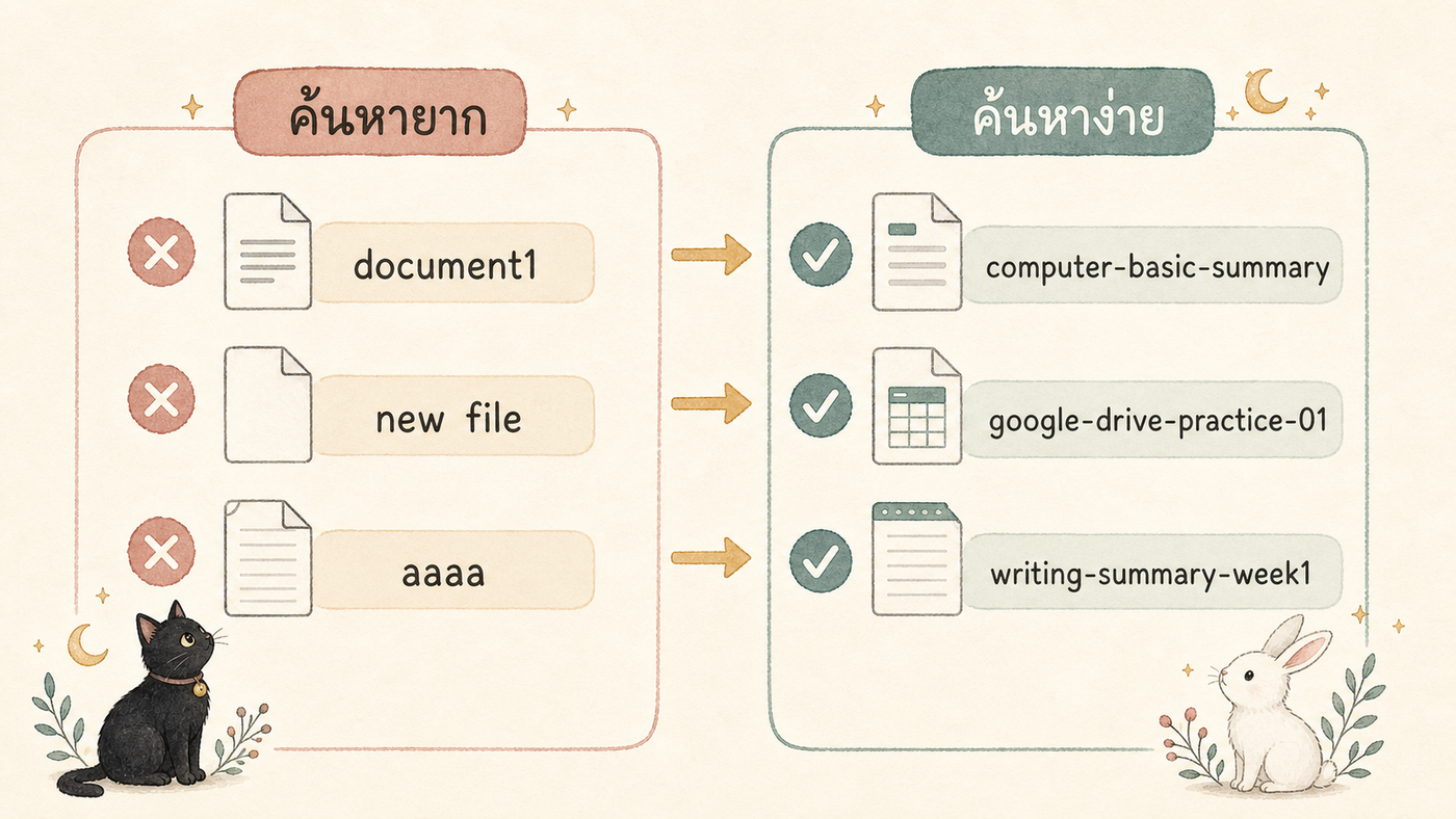 ภาพเปรียบเทียบชื่อไฟล์ที่ค้นหายากกับชื่อไฟล์ที่ชัดเจน