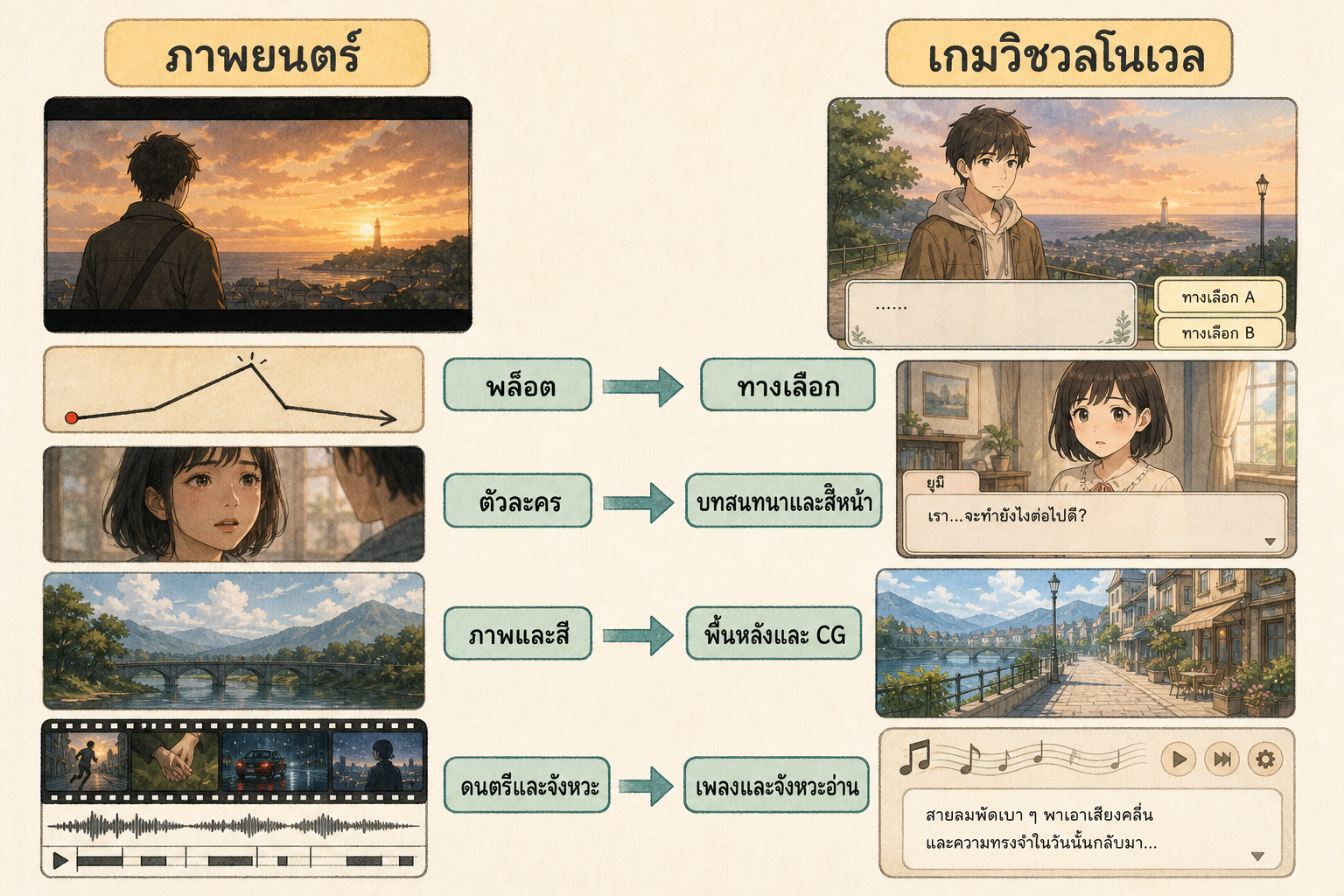 ภาพเปรียบเทียบองค์ประกอบภาพยนตร์กับองค์ประกอบเกมวิชวลโนเวล