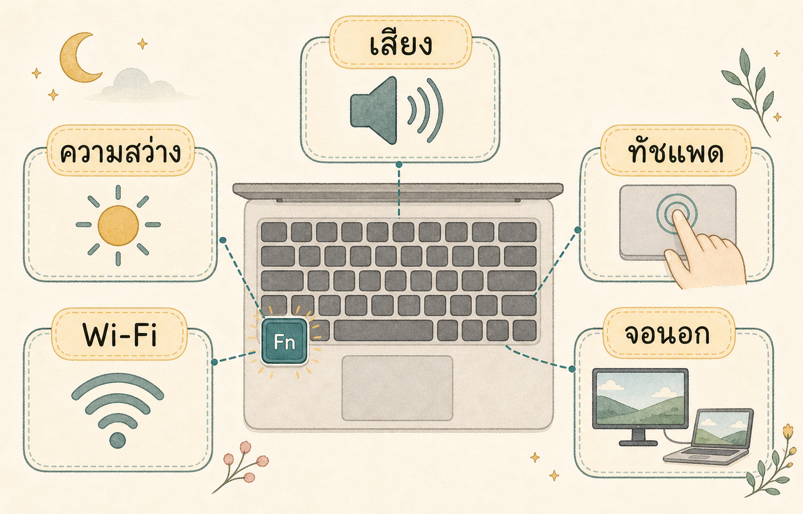 แผนภาพปุ่ม Fn สำหรับปรับเสียง ความสว่าง Wi-Fi ทัชแพด และจอนอก