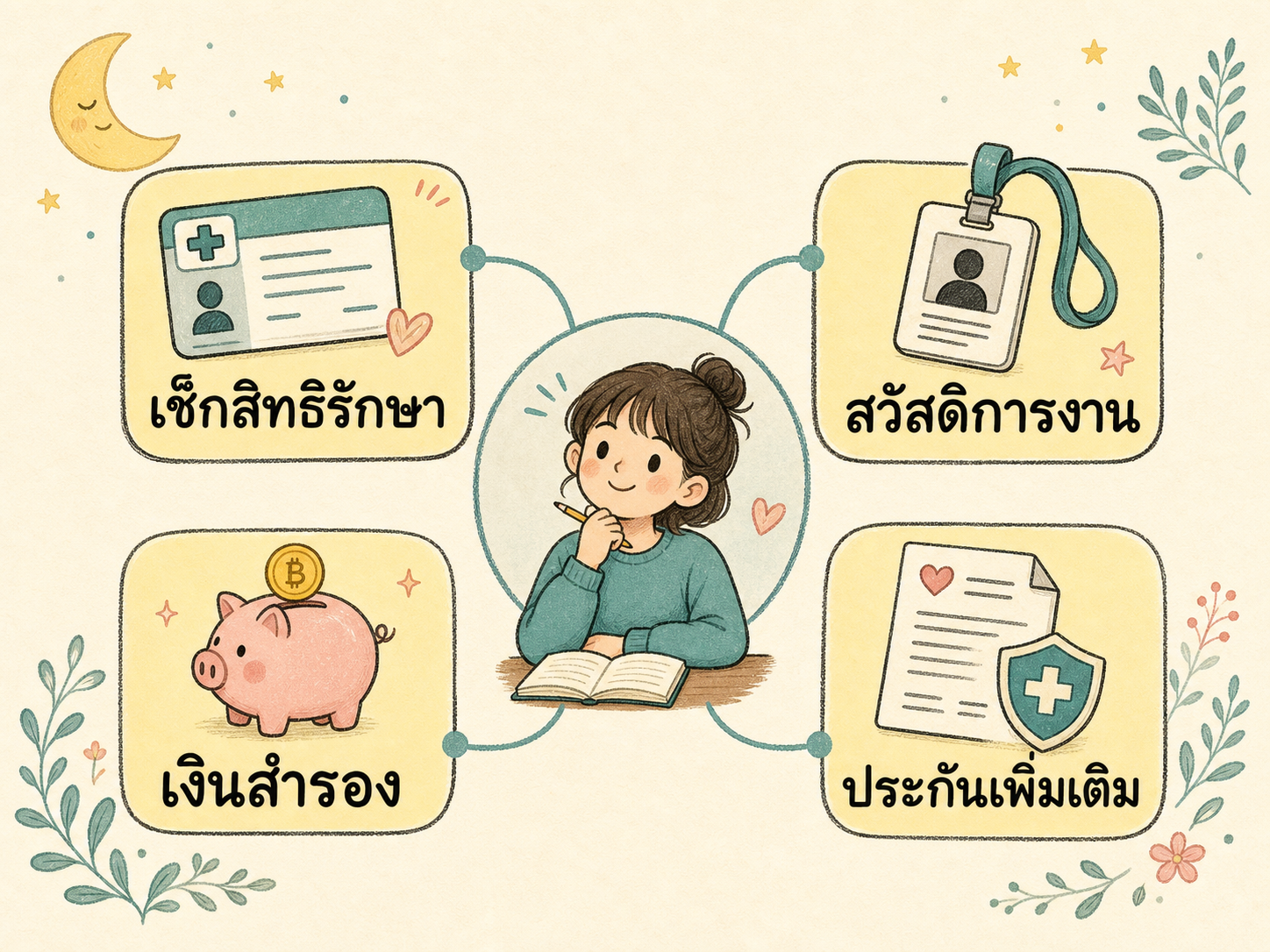แผนภาพแผนที่ความคุ้มครองสุขภาพ เริ่มจากตรวจสิทธิภาครัฐหรือประกันสังคม สวัสดิการนายจ้าง เงินสำรอง และประกันเพิ่มเติม