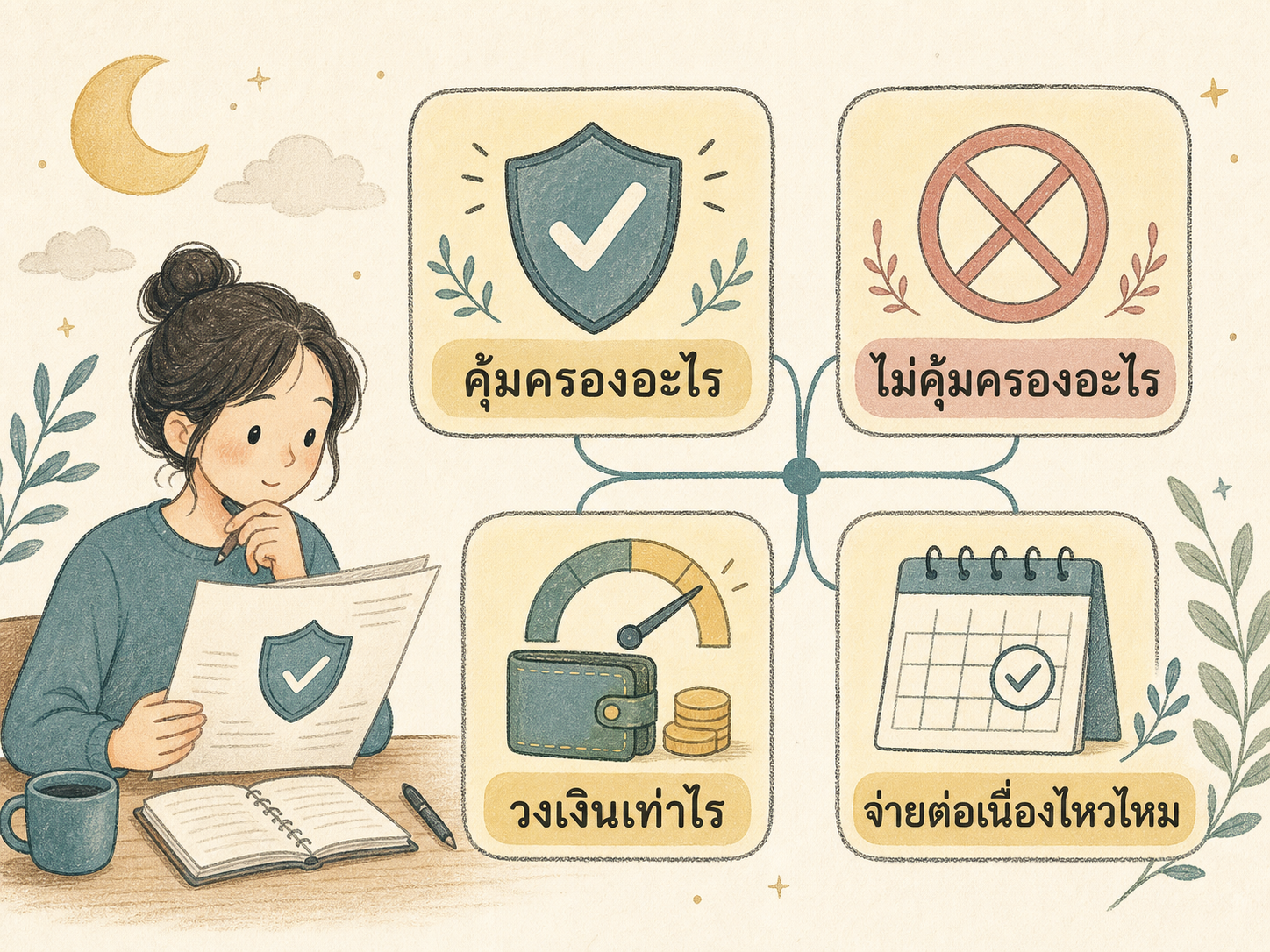 แผนภาพคำถามก่อนเลือกประกันเพิ่มเติม: คุ้มครองอะไร ไม่คุ้มครองอะไร วงเงินเท่าไร และจ่ายต่อเนื่องไหวไหม