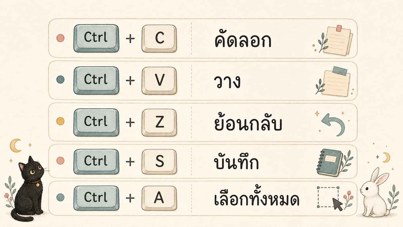 ตารางคำสั่งลัดพื้นฐาน เช่น Ctrl C, Ctrl V, Ctrl Z และ Ctrl S