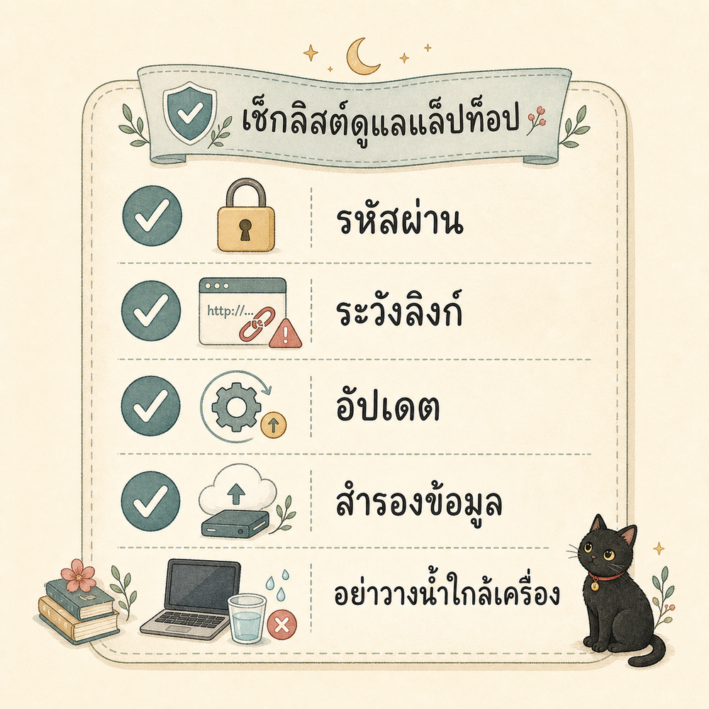 เช็กลิสต์ดูแลโน้ตบุ๊ก เช่น รหัสผ่าน ระวังลิงก์ อัปเดต สำรองข้อมูล และระวังน้ำ