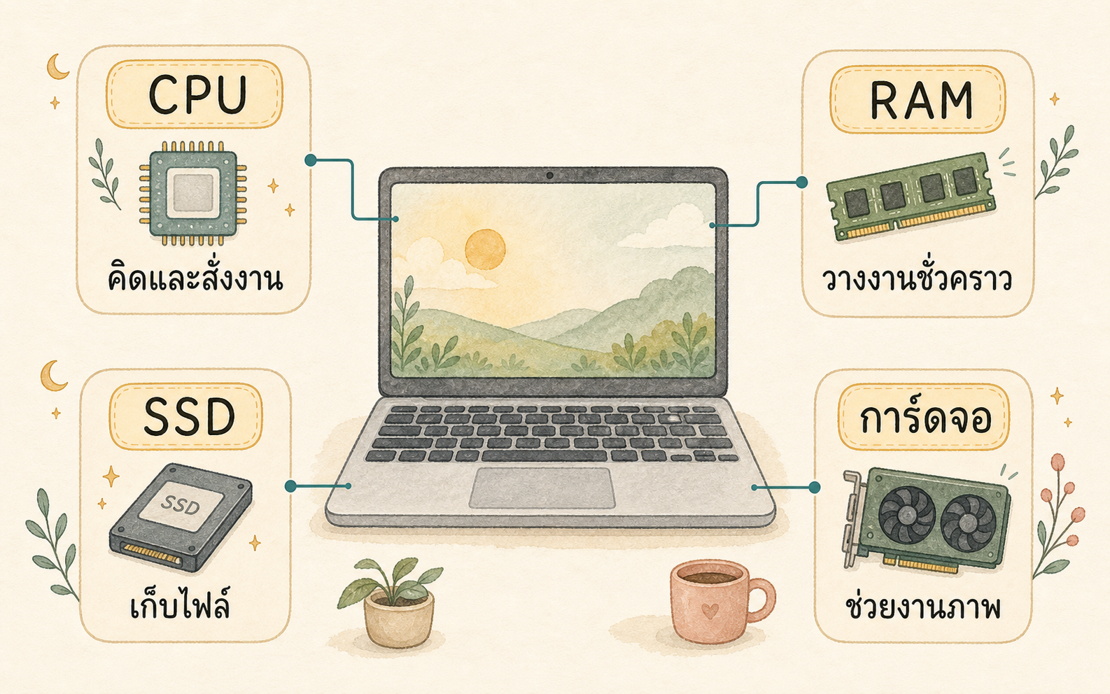 แผนภาพสเปกโน้ตบุ๊กพื้นฐาน CPU RAM SSD และการ์ดจอ