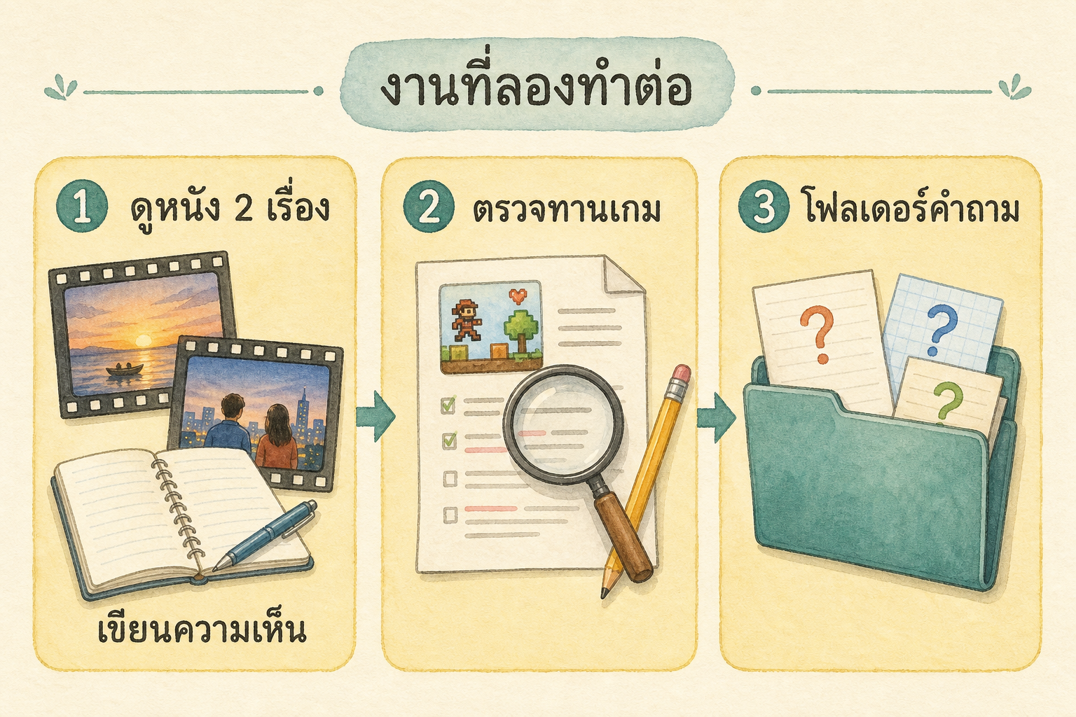 ภาพรายการงานฝึกสามส่วน: ดูหนัง เขียนความเห็น ตรวจทานเกม และเก็บคำถาม