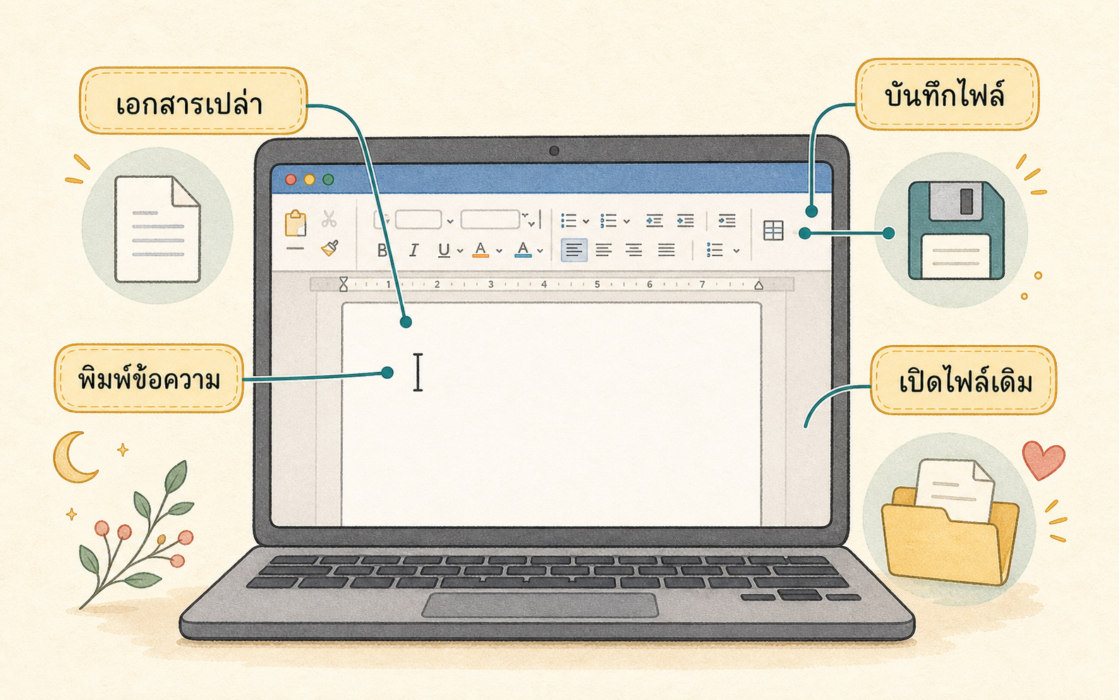 ภาพประกอบหน้าจอพิมพ์เอกสารใน Microsoft Word พร้อมสัญลักษณ์บันทึกและโฟลเดอร์ไฟล์