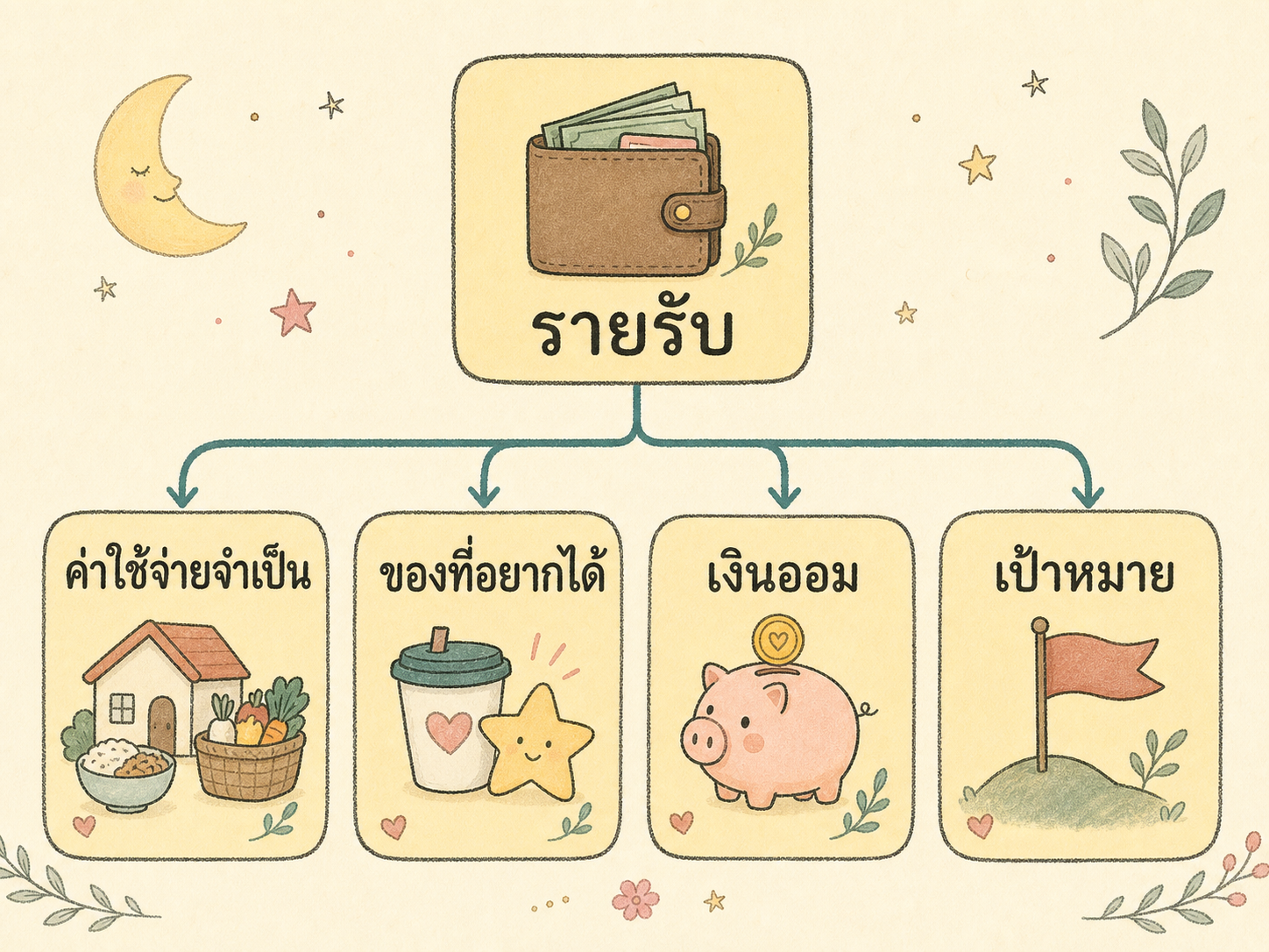 แผนภาพเงินเข้าจากรายรับ แล้วแบ่งไปยังค่าใช้จ่ายจำเป็น ค่าใช้จ่ายส่วนตัว เงินออม และเป้าหมาย