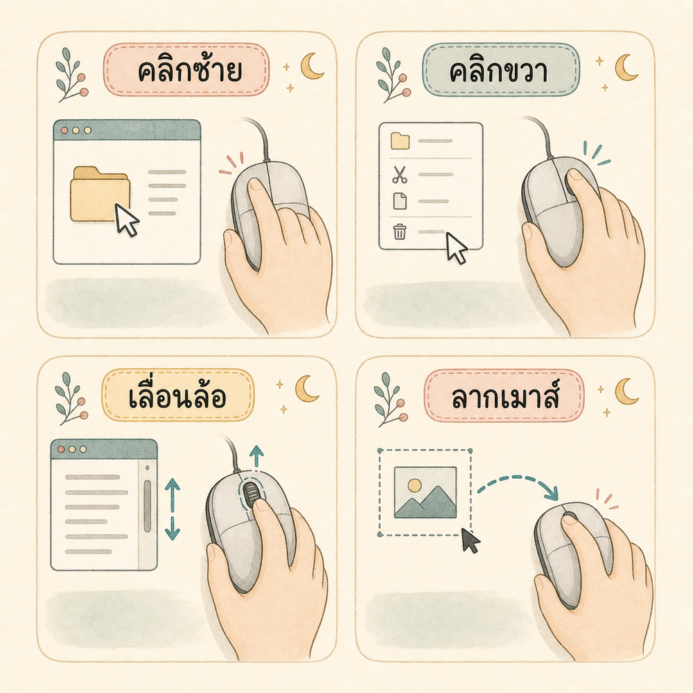 ภาพอธิบายการใช้เมาส์พื้นฐาน เช่น คลิกซ้าย คลิกขวา เลื่อนล้อ และลากเมาส์