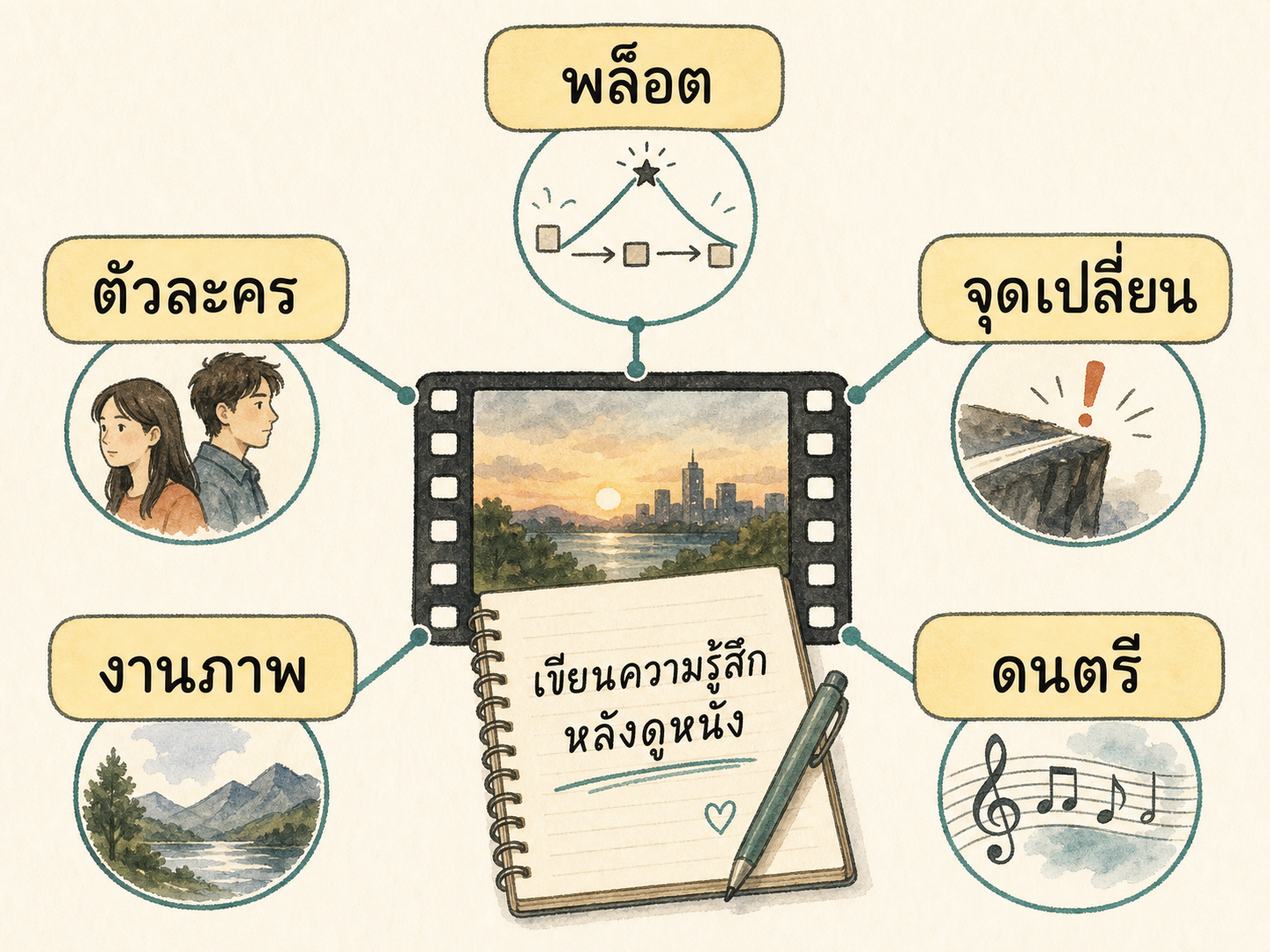 ภาพสรุปองค์ประกอบสำหรับเขียนความรู้สึกหลังดูหนัง ได้แก่ พล็อต ตัวละคร จุดหักมุม งานภาพ และดนตรี