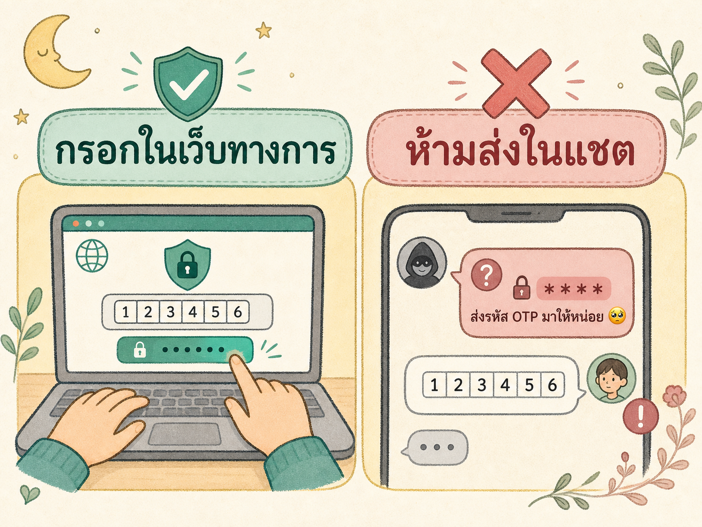 แผนภาพเปรียบเทียบการใช้ OTP ที่ถูกต้อง คือกรอกในหน้าเว็บทางการ กับการกระทำที่ไม่ปลอดภัย คือส่งรหัสให้คนในแชต