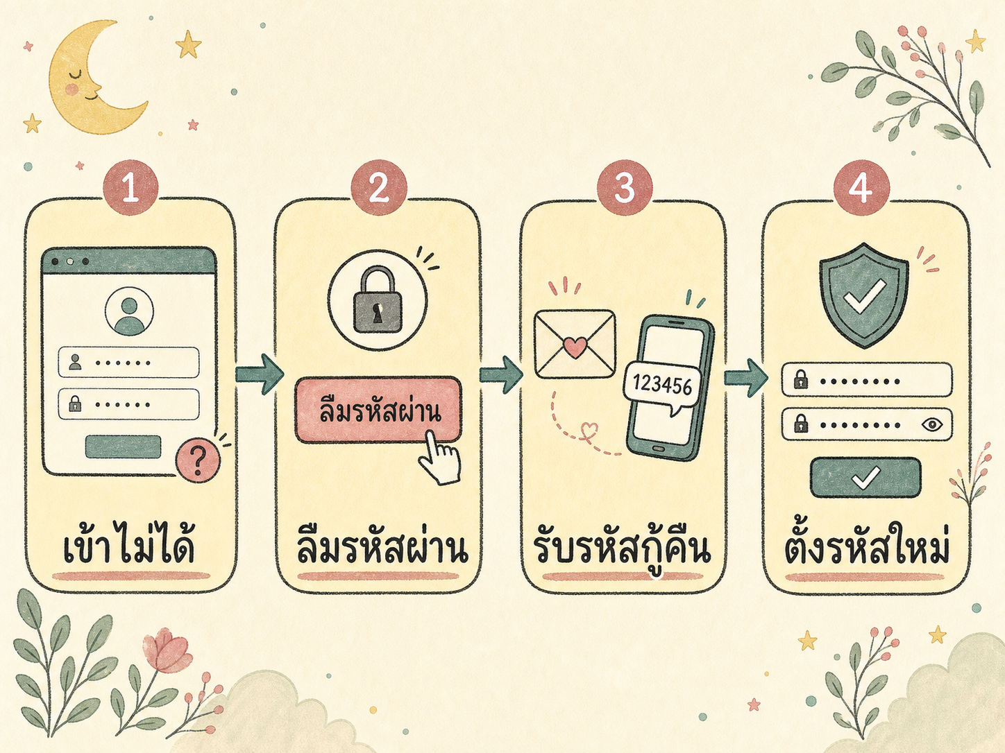 แผนภาพการกู้บัญชี เริ่มจากหน้าลงชื่อเข้าใช้ กดลืมรหัสผ่าน รับรหัสจากช่องทางกู้คืน และตั้งรหัสผ่านใหม่