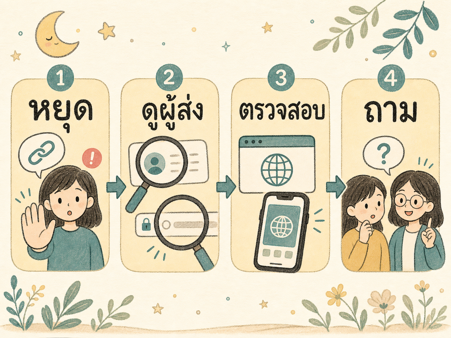 แผนภาพตรวจสอบลิงก์แบบหยุด ดู ตรวจสอบ และถาม โดยเปรียบเทียบลิงก์น่าสงสัยกับเว็บไซต์ทางการ