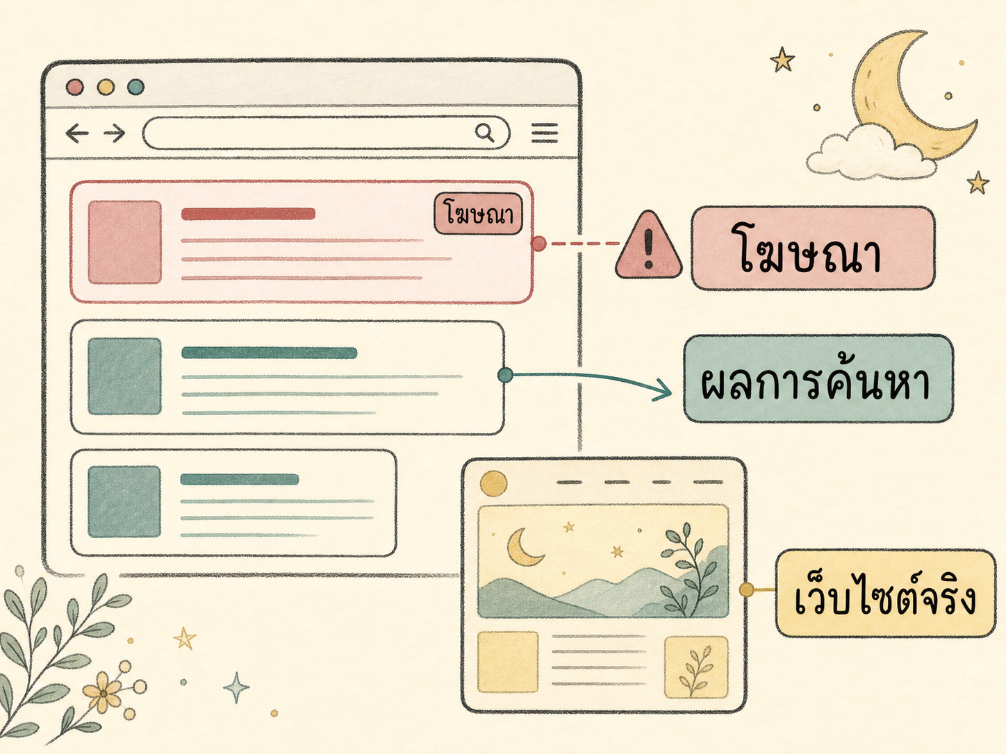 แผนภาพหน้าผลการค้นหา แยกป้ายโฆษณา ผลการค้นหา และหน้าเว็บไซต์ที่เปิดจริง