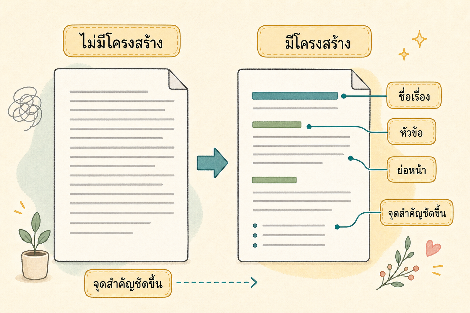 ภาพเปรียบเทียบข้อความที่ไม่มีโครงสร้างกับข้อความที่มีชื่อเรื่อง หัวข้อ ย่อหน้า และจุดสำคัญชัดขึ้น