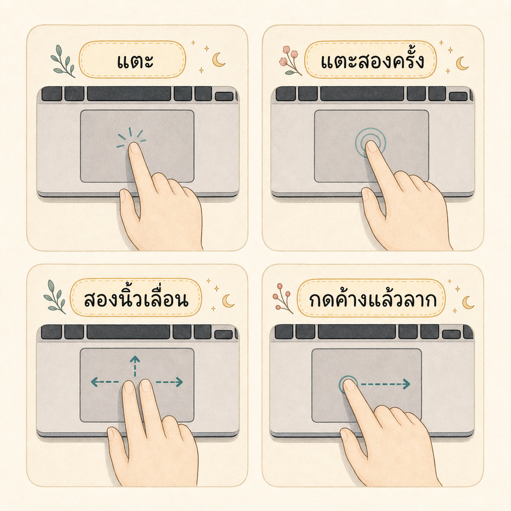 การ์ดอธิบายท่าทางทัชแพด แตะ คลิก เลื่อน และลาก
