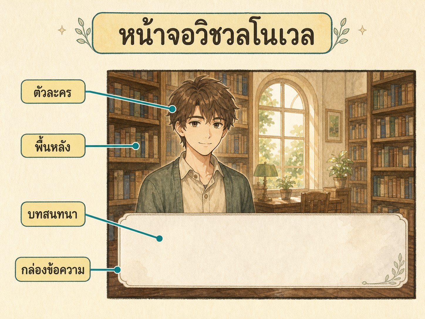 ภาพหน้าจอวิชวลโนเวล แสดงตัวละคร พื้นหลัง บทสนทนา และกล่องข้อความ