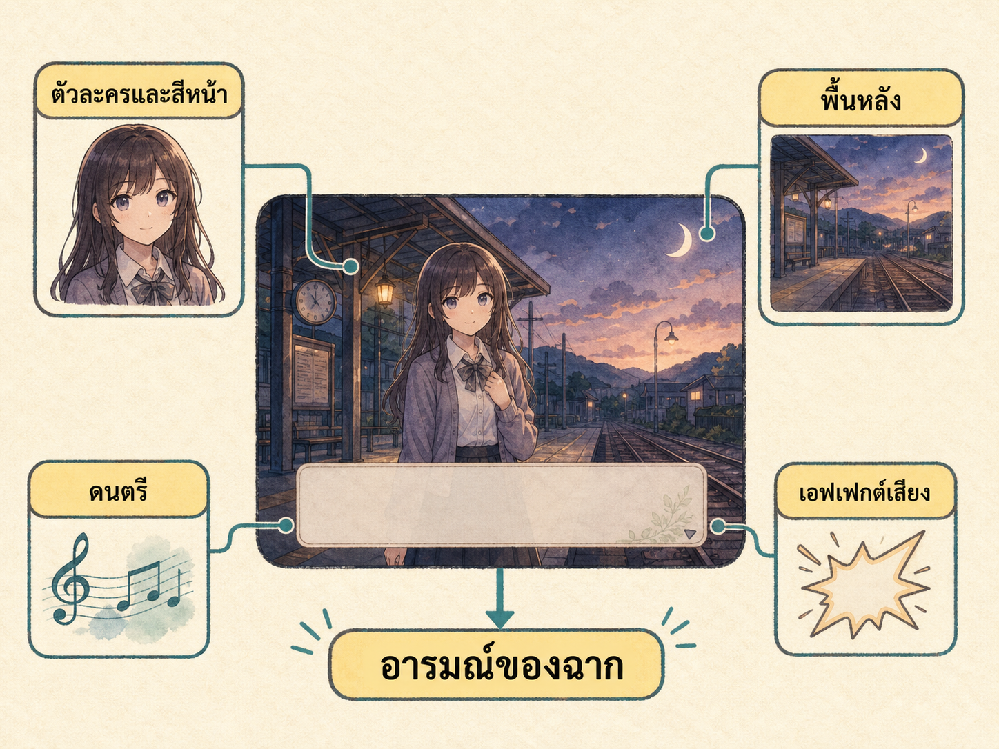ภาพอธิบายองค์ประกอบของฉากวิชวลโนเวล ได้แก่ ตัวละคร พื้นหลัง ดนตรี และเอฟเฟกต์เสียง