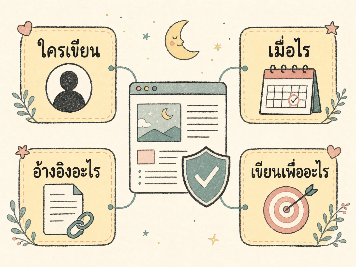 แผนภาพตรวจเว็บไซต์ด้วยคำถามสี่ข้อ ใครเขียน เมื่อไร อ้างอิงอะไร และเขียนเพื่ออะไร