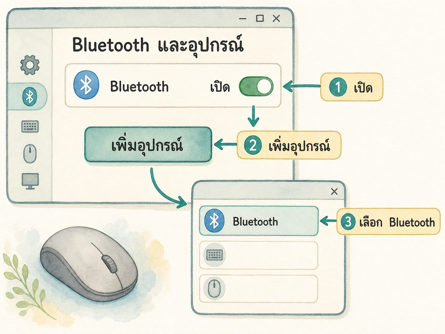ภาพขั้นตอนใน Windows: เปิด Bluetooth กดเพิ่มอุปกรณ์ และเลือก Bluetooth