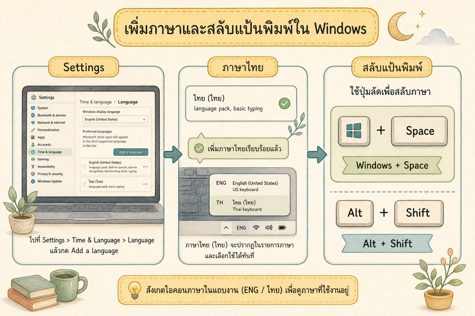 แผนภาพการเพิ่มภาษาไทยใน Windows ผ่าน Settings, Time & language และ Language & region